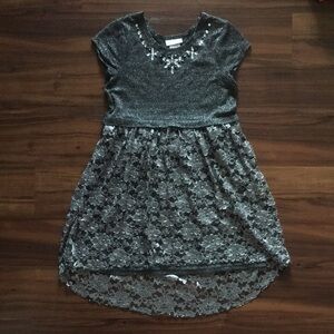 Bonnie Jean Sz 16 Gray Dress Silver Floral Lace Cap Sleeve Sequined Crew Neck